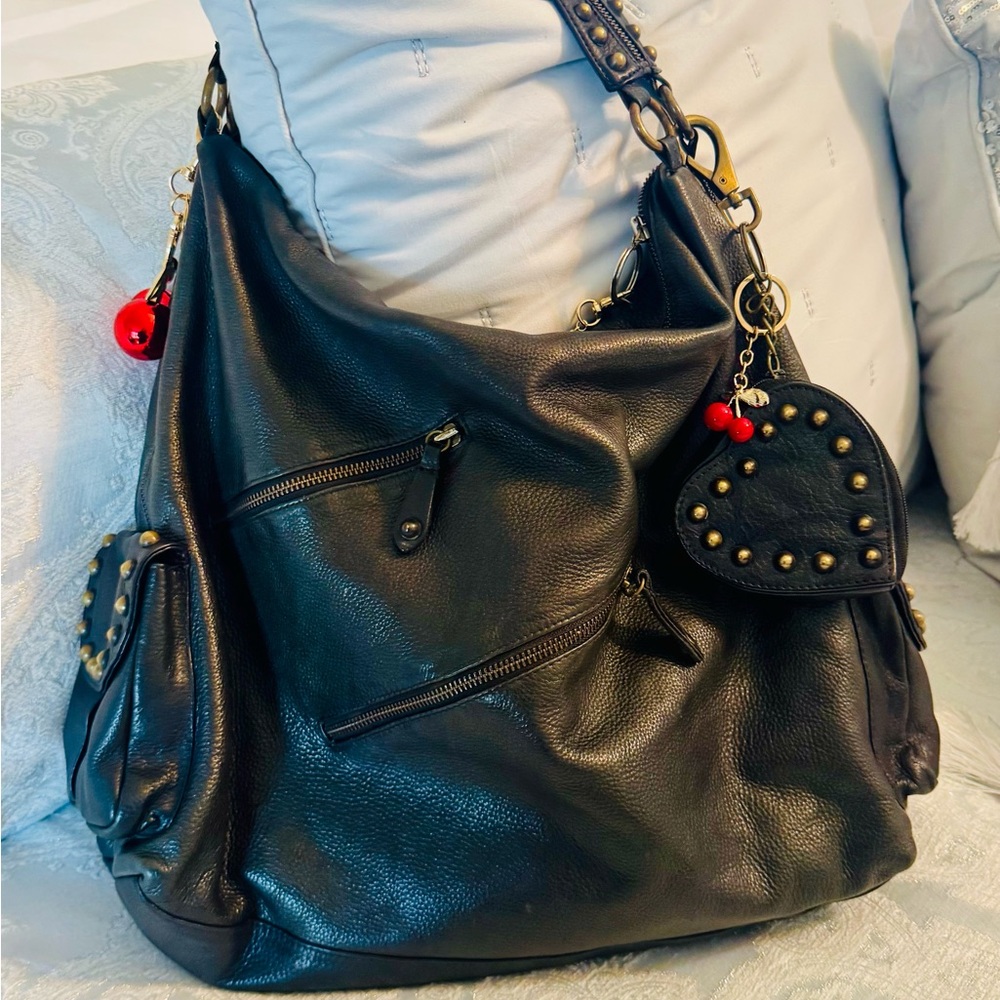 Betsey Johnson Black Hobo Bag All Leather Vintage - Picture 5 of 15